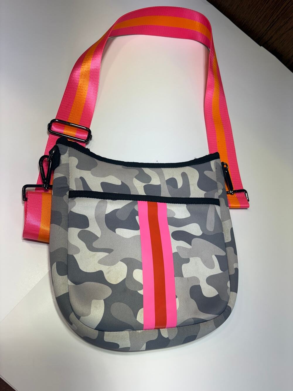 Haute Shore Gray Camo Neoprene Crossbody Bag Pink Orange Stripe